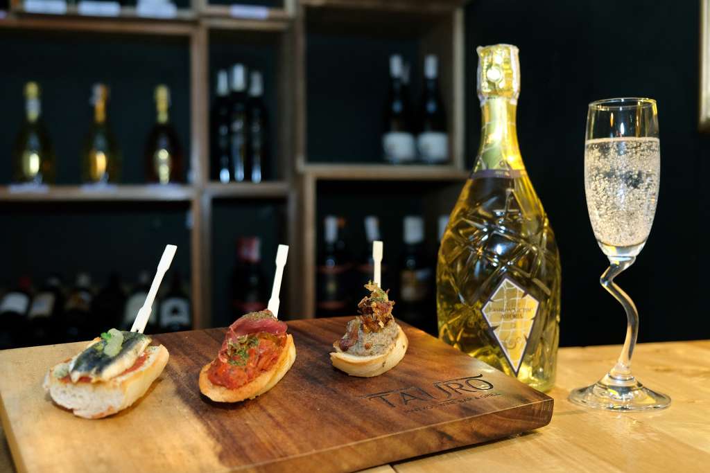 Assorted pintxos paired with Astoria Lounge Fashion Victim Spumante Brut (Veneto, Italy)